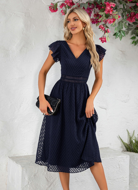 Robe à volants jacquard col v trapèze mousseline jacquard midi - gallery 9