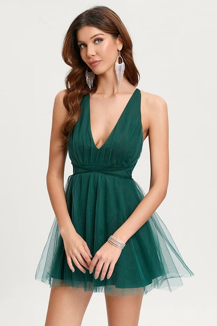 Trapèze col v mini tulle robe de bal de promo - gallery 6