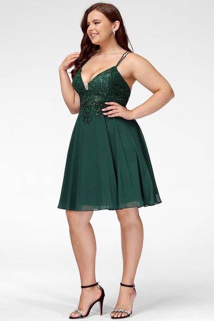 Trapèze col v court mousseline robe de bal de promo avec paillettes perles - gallery 9