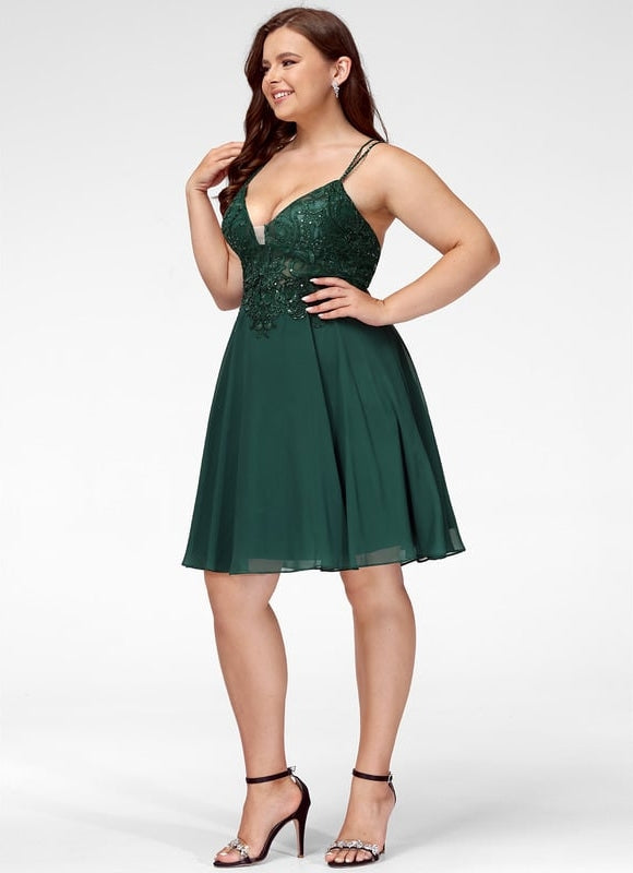 Trapèze col v court mousseline robe de bal de promo avec paillettes perles - gallery 9