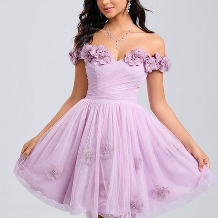 Princesse épaule dénudée court tulle robe de bal de promo avec plissée fleurs