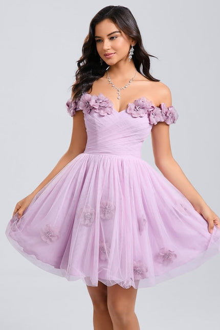 Princesse épaule dénudée court tulle robe de bal de promo avec plissée fleurs