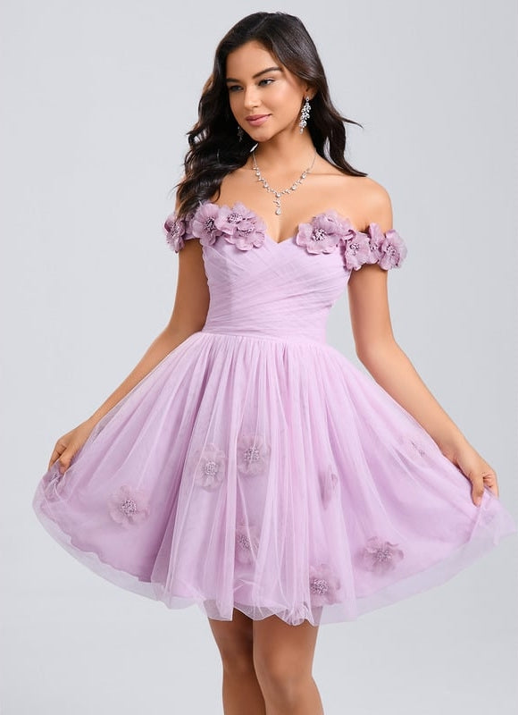 Princesse épaule dénudée court tulle robe de bal de promo avec plissée fleurs