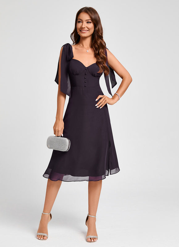 Trapèze col cœur longueur genou mousseline robe de cocktail - gallery 5