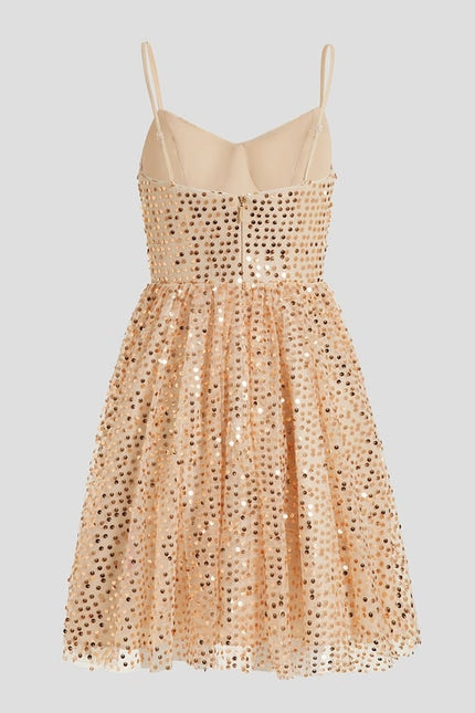 Trapèze col v court paillette robe de bal de promo avec paillettes - gallery 8