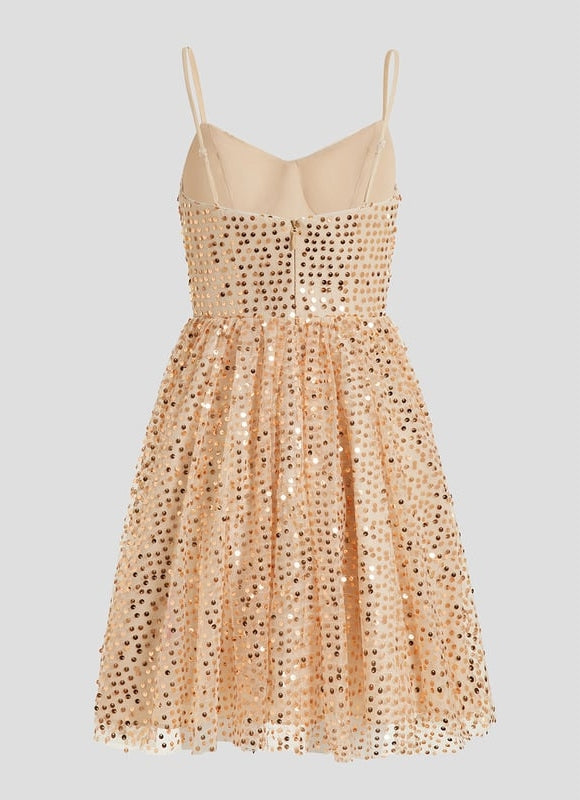 Trapèze col v court paillette robe de bal de promo avec paillettes - gallery 8