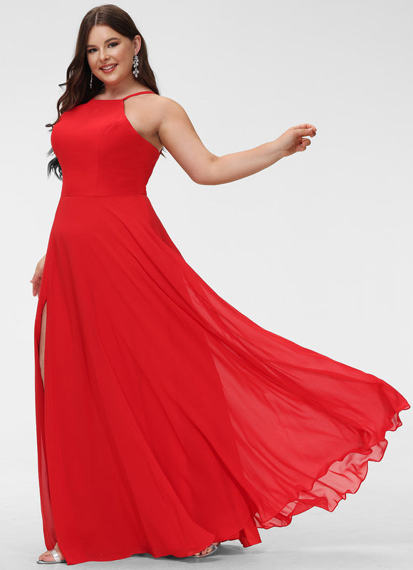 Trapèze col rond longueur ras du sol mousseline robe de demoiselle d'honneur - gallery 5