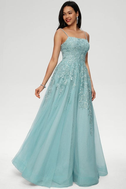 Princesse col droit longueur ras du sol tulle robe de bal avec paillettes appliques de dentelle - gallery 3