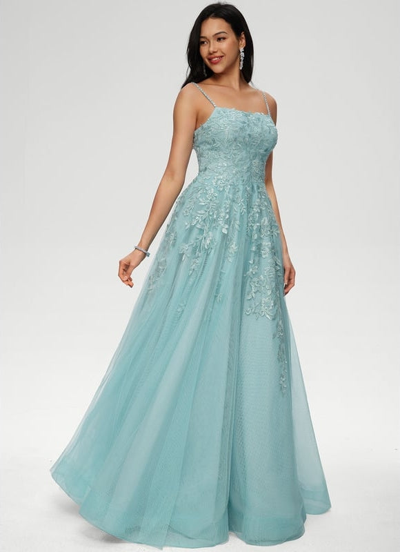 Princesse col droit longueur ras du sol tulle robe de bal avec paillettes appliques de dentelle - gallery 3
