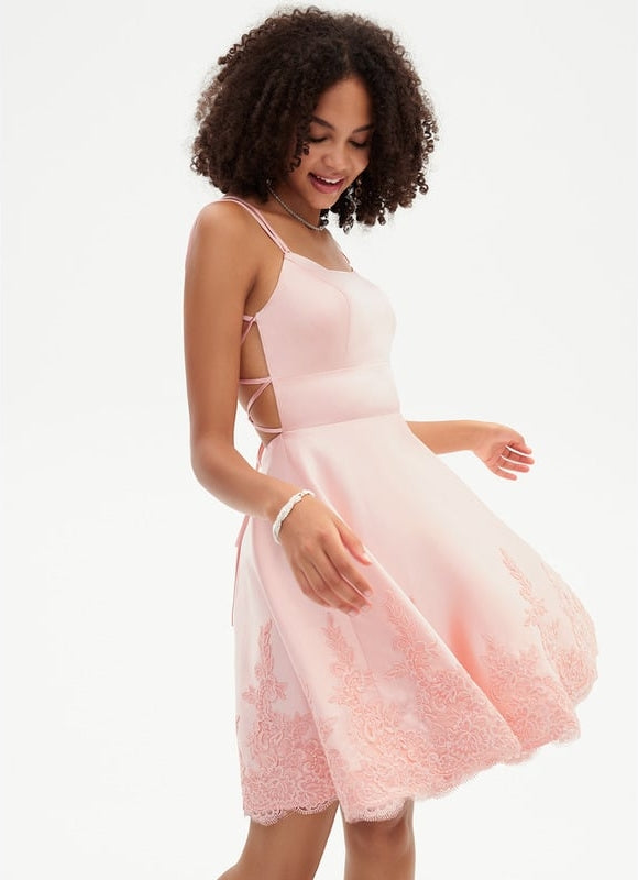 Trapèze col rond court satin robe de bal de promo - gallery 3