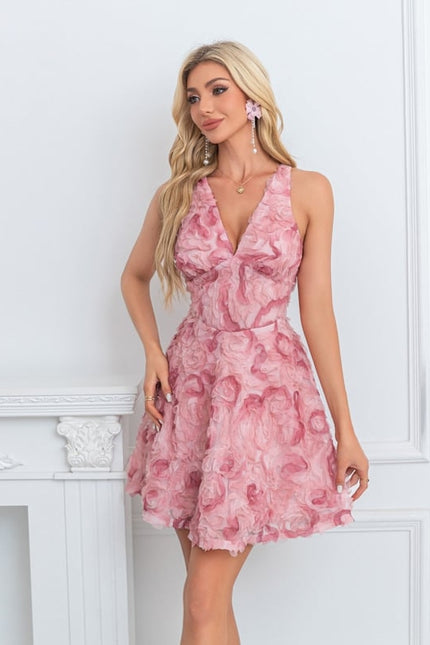 Trapèze col v mini tulle robe de bal de promo avec fleurs - gallery 5