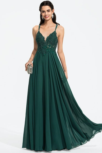 Trapèze col v longueur ras du sol mousseline robe de bal avec perles paillettes - gallery 1