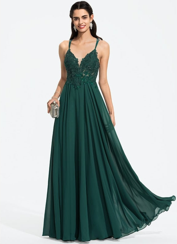 Trapèze col v longueur ras du sol mousseline robe de bal avec perles paillettes - gallery 1