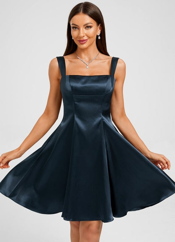 Trapèze col droit court satin extensible robe de bal de promo avec nœud
