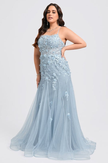 Sirène col droit traîne balayage tulle robe de bal avec fleurs - gallery 8
