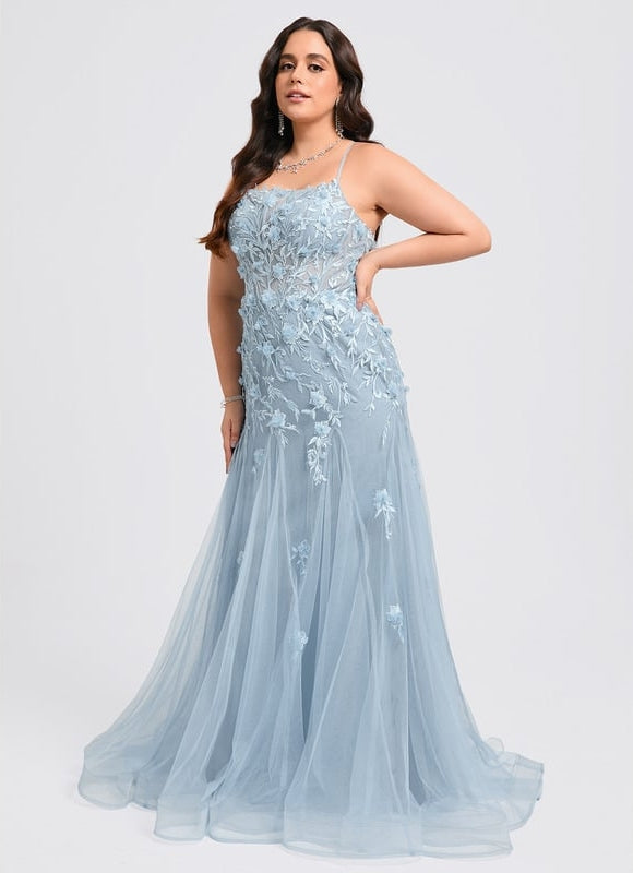 Sirène col droit traîne balayage tulle robe de bal avec fleurs - gallery 8