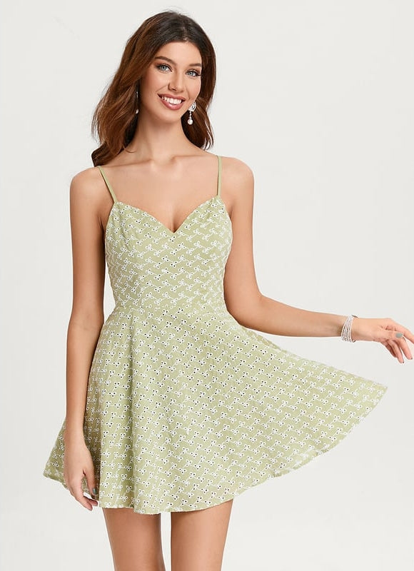 Trapèze col v mini coton robe de bal de promo avec nœud