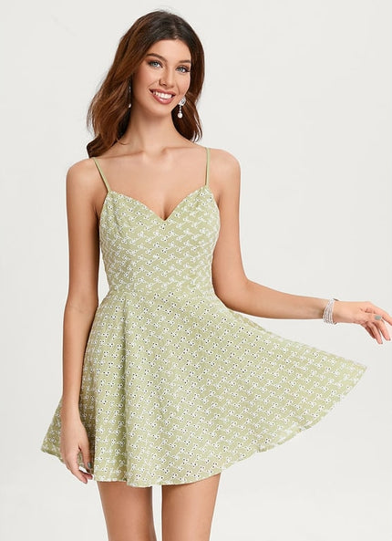 Trapèze col v mini coton robe de bal de promo avec nœud