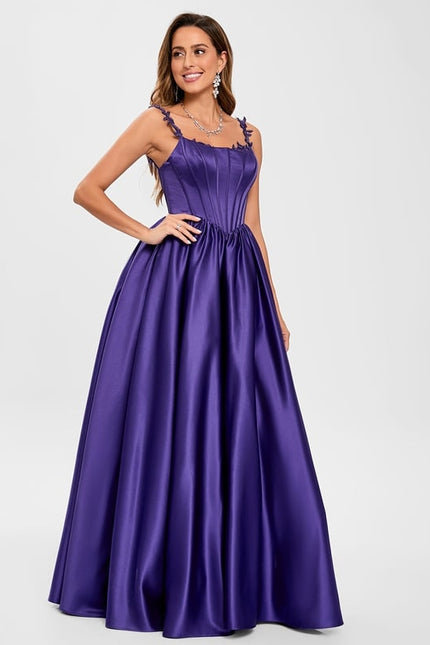 Princesse col rond longueur ras du sol satin robe de bal avec appliques de dentelle perles - gallery 4