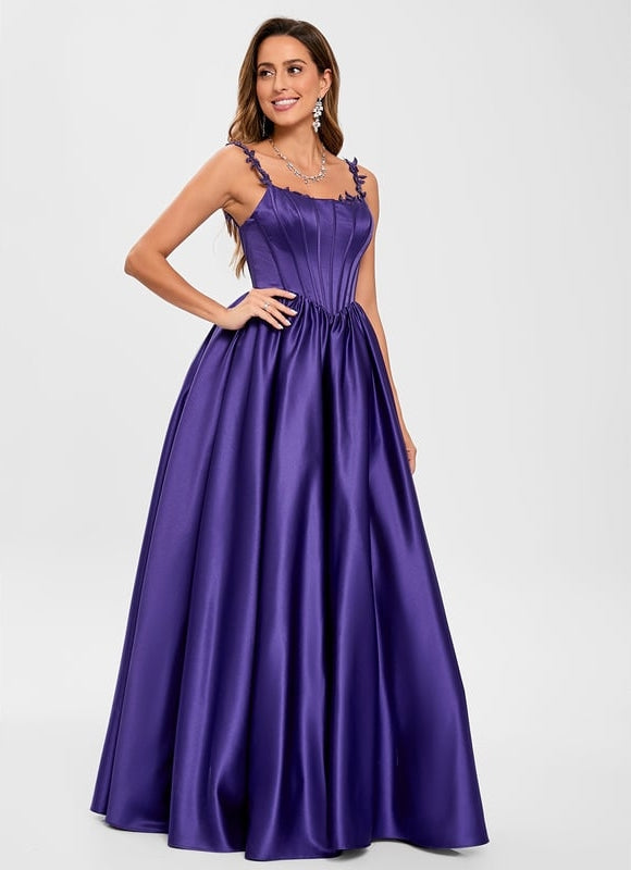 Princesse col rond longueur ras du sol satin robe de bal avec appliques de dentelle perles - gallery 4