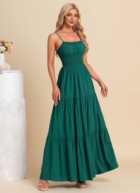 Robe plissée col carré trapèze polyester maxi - gallery 6