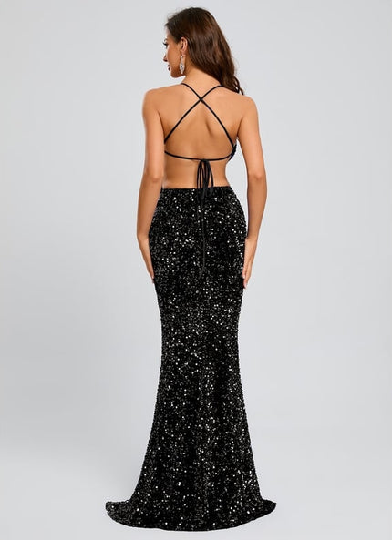 Fourreau col v longueur ras du sol paillette robe de bal avec paillettes