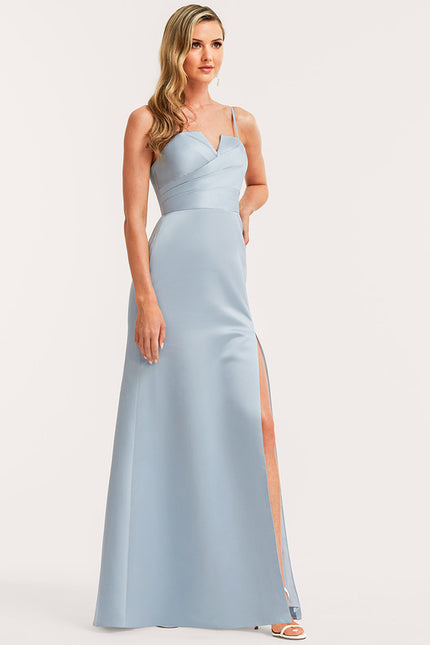 Trapèze col v longueur ras du sol satin robe de demoiselle d'honneur - gallery 4