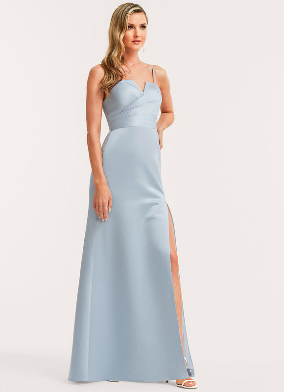 Trapèze col v longueur ras du sol satin robe de demoiselle d'honneur - gallery 4