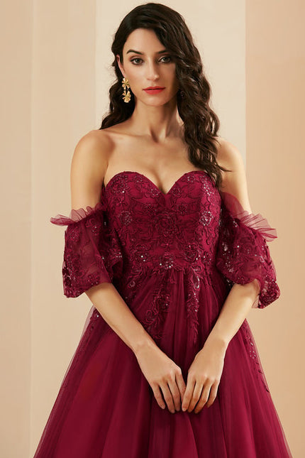 Princesse col cœur traîne balayage tulle robe de bal avec paillettes - gallery 2