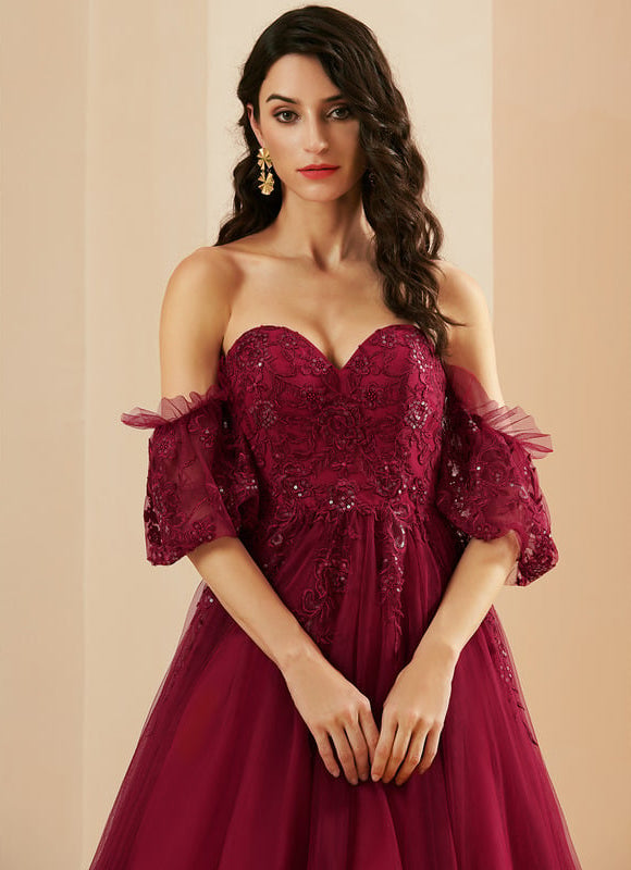 Princesse col cœur traîne balayage tulle robe de bal avec paillettes - gallery 2