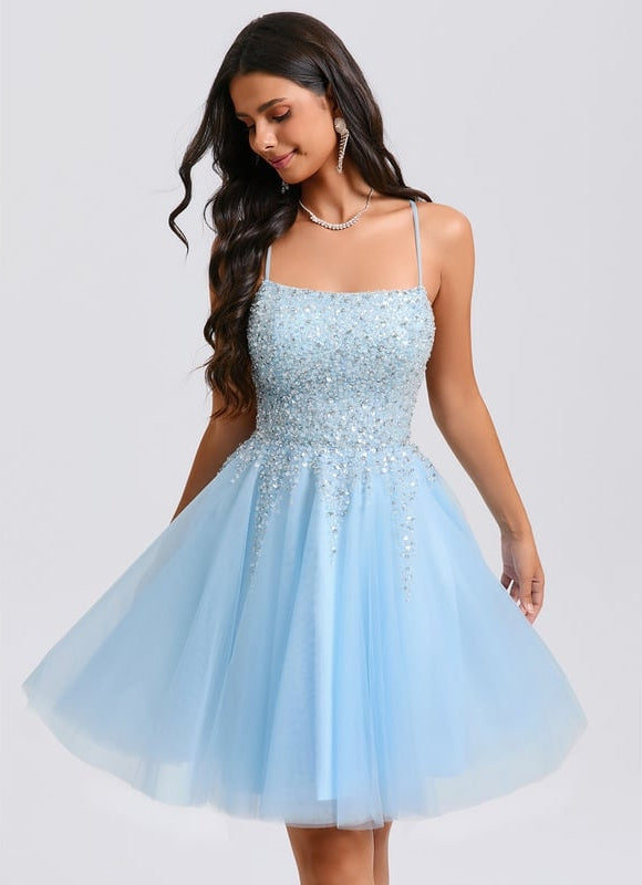 Trapèze col rond court tulle paillette robe de bal de promo avec paillettes perles - gallery 1