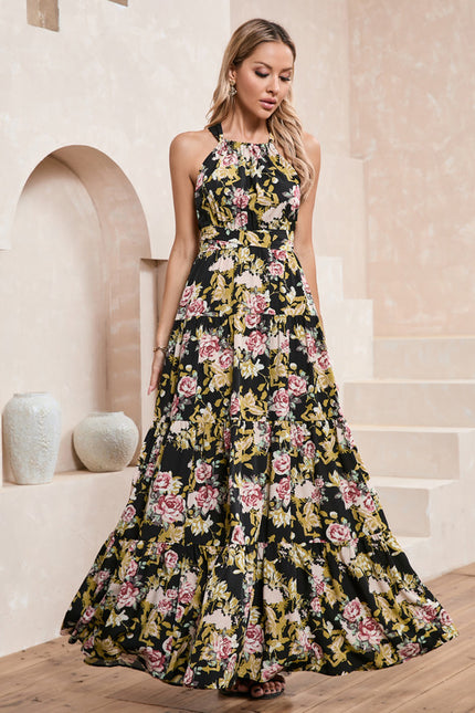 Robe imprimé fleur licou trapèze polyester maxi - gallery 1