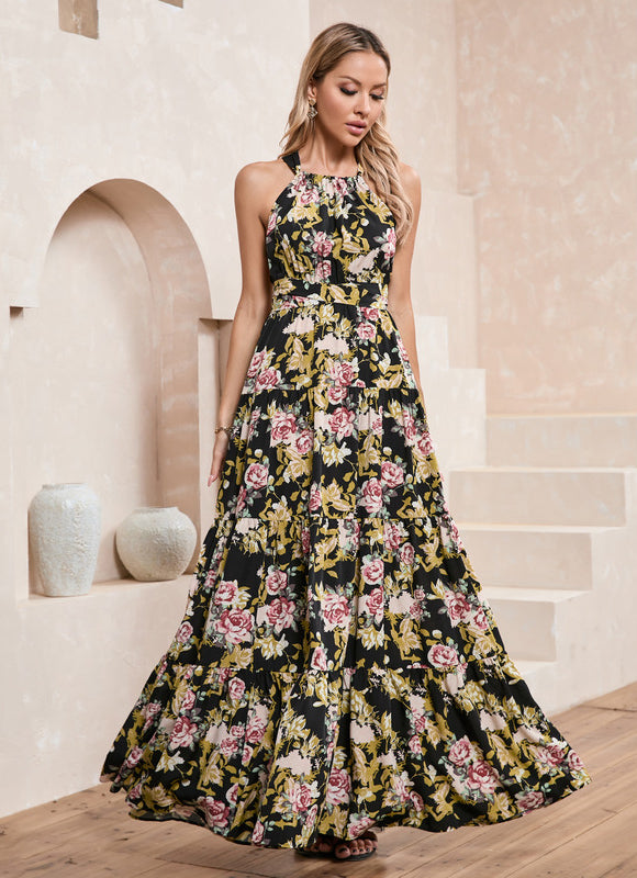 Robe imprimé fleur licou trapèze polyester maxi - gallery 1