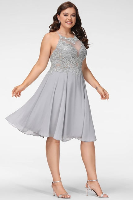 Trapèze col rond longueur genou dentelle mousseline robe de cocktail avec paillettes - gallery 8