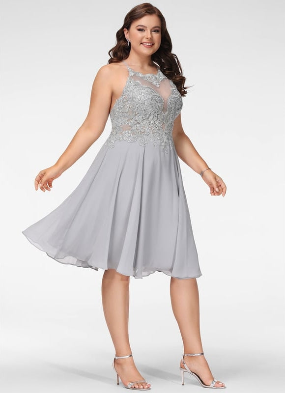 Trapèze col rond longueur genou dentelle mousseline robe de cocktail avec paillettes - gallery 8