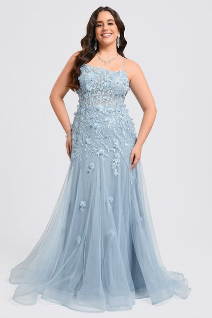 Sirène col droit traîne balayage tulle robe de bal avec fleurs - gallery 6
