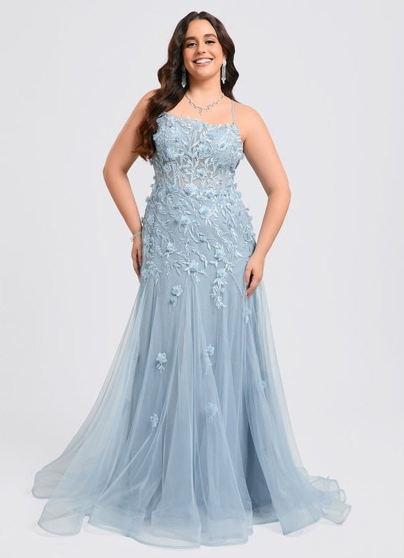 Sirène col droit traîne balayage tulle robe de bal avec fleurs - gallery 6