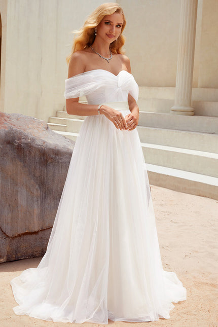 Princesse épaule dénudée traîne balayage tulle robe de mariée