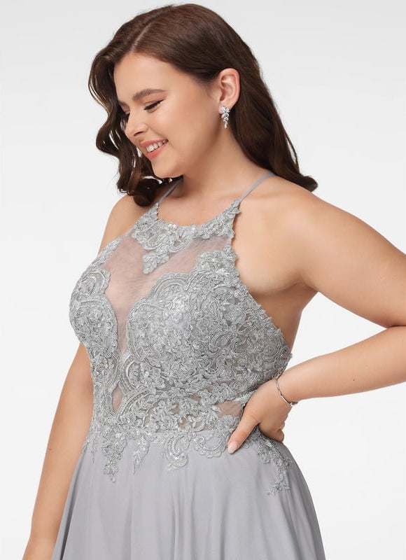 Trapèze col rond longueur genou dentelle mousseline robe de cocktail avec paillettes - gallery 9