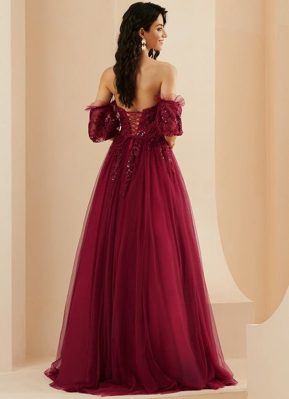 Princesse col cœur traîne balayage tulle robe de bal avec paillettes - gallery 5
