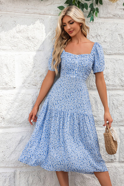 Robe à volants imprimé fleur col carré trapèze rayonne midi - gallery 4
