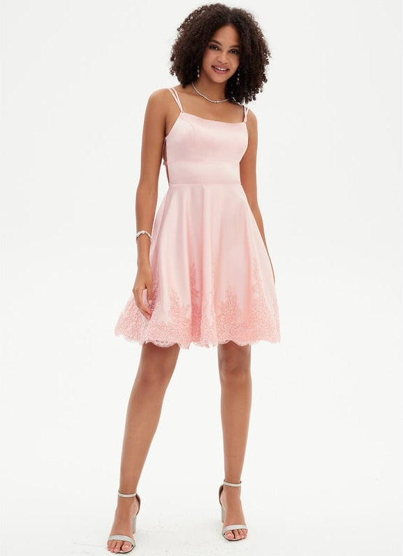 Trapèze col rond court satin robe de bal de promo - gallery 2