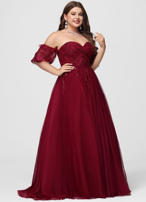 Princesse col cœur traîne balayage tulle robe de bal avec paillettes - gallery 8