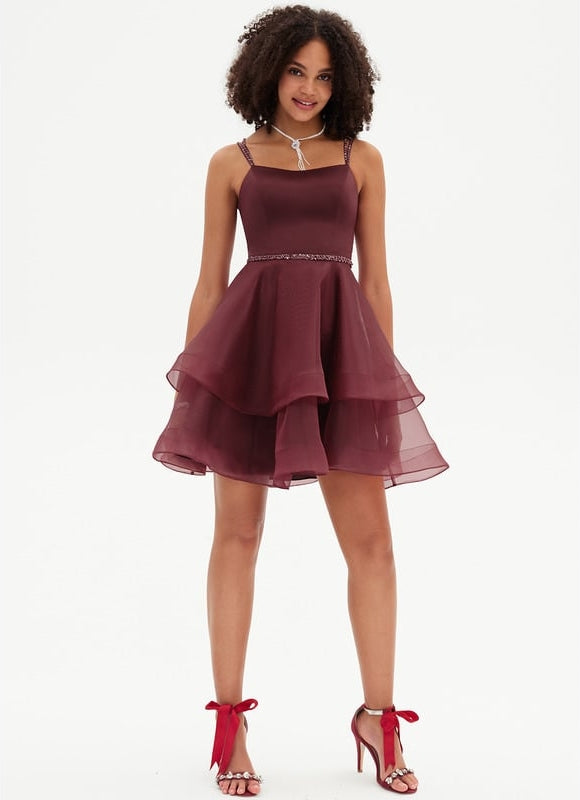 Trapèze col rond court organza robe de bal de promo avec perles paillettes - gallery 1