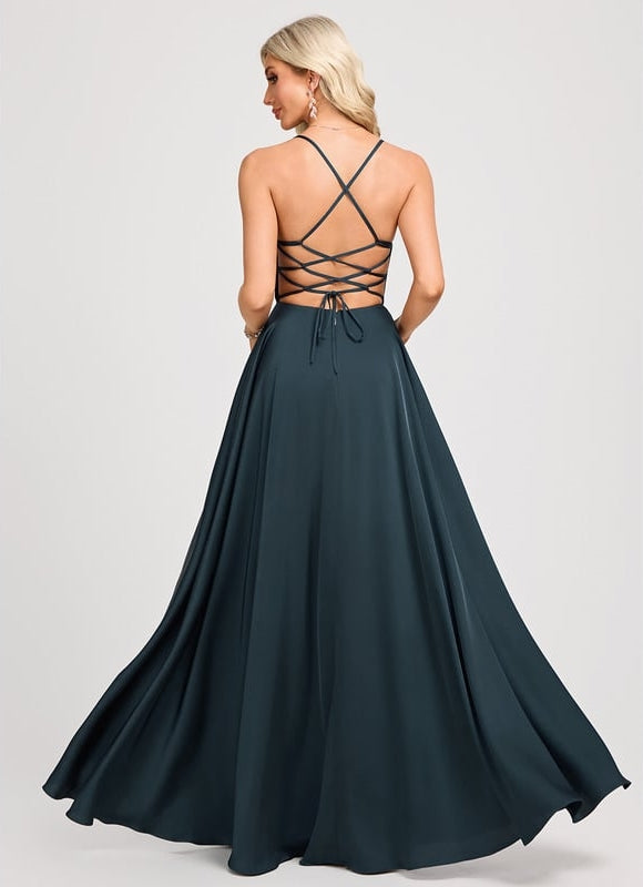 Trapèze col v longueur ras du sol satin mat robe de bal avec plissée - gallery 3