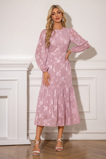 Robe à volants jacquard col rond trapèze mousseline midi - gallery 6