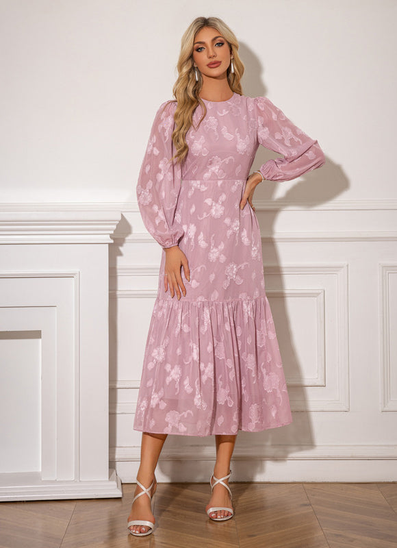 Robe à volants jacquard col rond trapèze mousseline midi - gallery 6