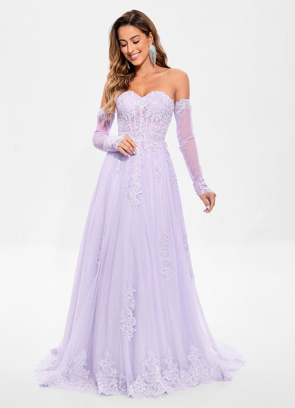 Trapèze col cœur traîne balayage tulle robe de bal avec paillettes appliques de dentelle - gallery 3