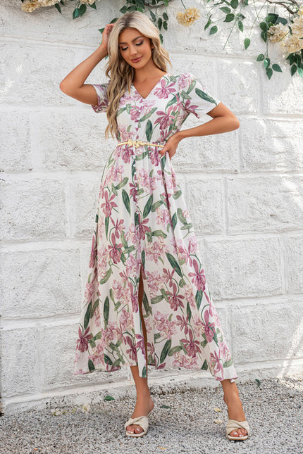 Robe imprimé fleur col v trapèze rayonne maxi - gallery 1