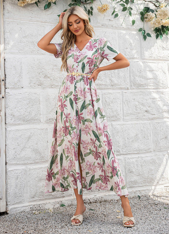 Robe imprimé fleur col v trapèze rayonne maxi - gallery 1